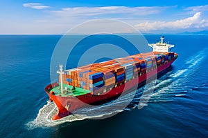 Aerial view of container ship transporting cargo in the sea