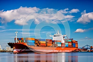 Aerial view of container ship transporting cargo in the sea