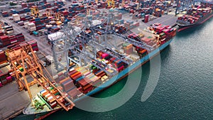 Aerial view container ship working at seaport, Global business company import export logistic and transportation of international