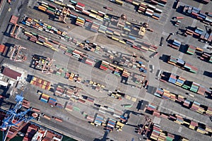 Aerial view of containers at sea port.