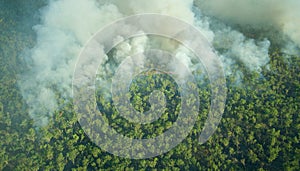 Aerial view of a controlled bushfire in Kakadu National Park, Northern Territory, Australia