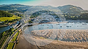 Aerial view of Conwy Castle and the historic town of Conwy in North Wales, United Kingdom
