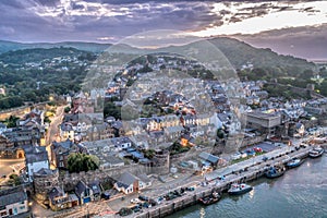 Aerial view with Conwy town and the medieval castle, the famous landmark of Wales and UK,