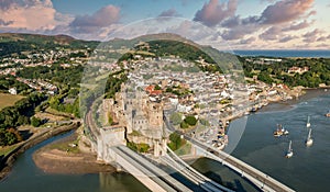 Aerial view with Conwy town and the medieval castle, the famous landmark of Wales and UK,