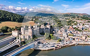 Aerial view with Conwy town and the medieval castle, the famous landmark of Wales and UK,