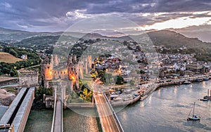 Aerial view with Conwy town and the medieval castle, the famous landmark of Wales and UK,