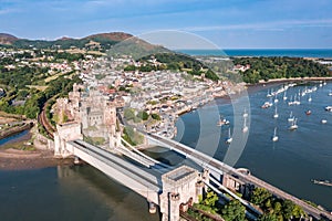 Aerial view with Conwy town and the medieval castle, the famous landmark of Wales and UK,