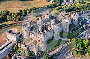 Aerial view with Conwy town and the medieval castle, the famous landmark of Wales and UK,