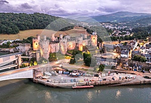 Aerial view with Conwy town and the medieval castle, the famous landmark of Wales and UK,