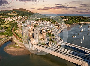 Aerial view with Conwy town and the medieval castle, the famous landmark of Wales and UK,