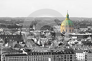 Aerial view of Copenhagen cityscape in black and white with the dome of the Frederik`s Church Frederiks Kirke, also known as th