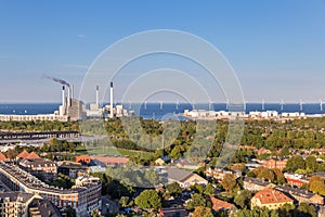 Aerial View of Copenhagen with Offshore Wind Power Plant