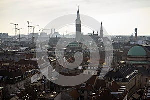 Aerial view of Copenhagen from the top of Round Tower Rundetaarn. Copenhagen, Denmark. February 2020