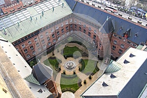 Aerial view of Copenhagen from the top of tower of Copenhagen City Hall. Copenhagen, Denmark. February 2020