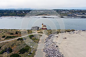 Aerial view of the Coquille River Lighthouse on the Oregon Coast