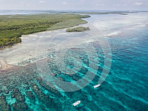 Aerial View of Coral Reef and Small Boats in Belize
