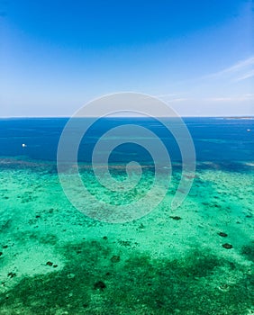 Aerial view coral reef tropical caribbean sea, turquoise blue water. Indonesia Moluccas archipelago, Kei Islands, Banda Sea. Top