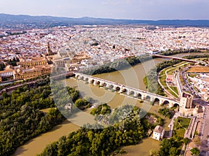 Aerial view of Cordoba with Roman Bridge and Mosque-Cathedral