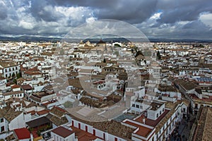 Aerial view of Cordoba,Spain on cloudy day.Spanish city panoramic view from above.White town in Andalusia.Picturesque Cordoba
