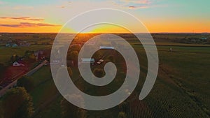 Aerial View of Corn Fields and Fertile Farmlands and Farms at a Golden Hour Sunset