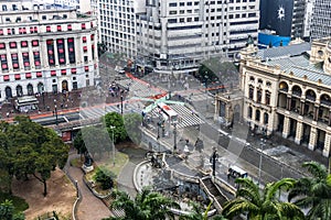 Aerial view of corner Ramos de Azevedo Square with Cha Viaduct in downtown Sao Paulo.