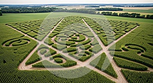 Aerial view of a cornfield maze