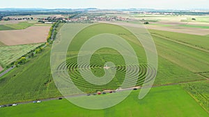 Aerial view of cornfield maze, Poland