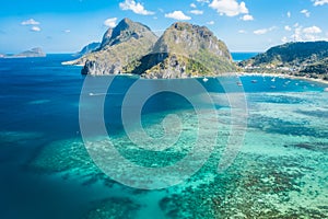 An aerial view of Corong beach with blue lagoon, El Nido, Palawan, Philippines