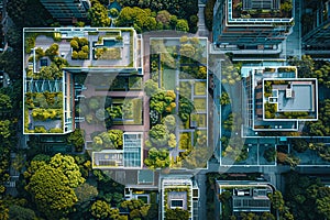 Aerial view of a corporate campus highlighting eco-friendly buildings with advanced green infrastructure, promoting sustainability