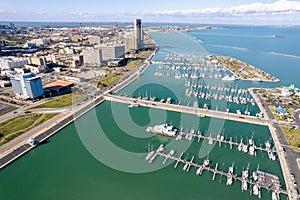 Aerial view of Corpus Christi Downtown Marina surrounded by buildings