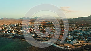 Aerial view of Corralejo town, Fuerteventura, Canary islands, Spain. Cityscape of touristic resort city. Beautiful