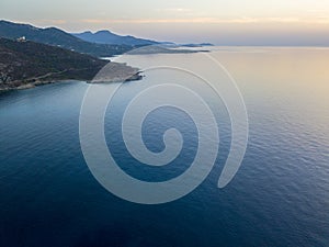 Aerial view of Corsica coast at sunset, France