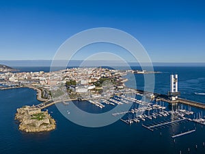 Aerial view of A Coruna and Castle of San Anton in Galicia