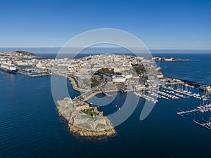 Aerial view of A Coruna and Castle of San Anton in Galicia