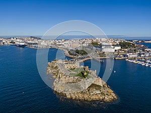 Aerial view of A Coruna and Castle of San Anton in Galicia