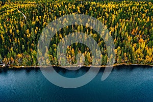 Aerial view of cottage in autumn colors forest by blue lake in rural Finland