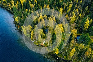 Aerial view of cottage in autumn colors forest by the blue lake in rural  Finland