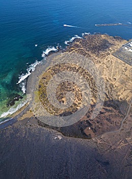Aerial view of the country of Orzola and the indented coastline of the island of Lanzarote, Canary Islands, Spain. Africa