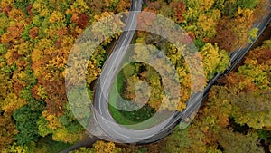 Aerial view of country road through autumnal forest