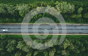 Aerial view of country road with car driving through green forest and corn fields