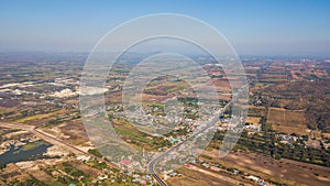 Aerial view of countryside with community at Lop Buri, Thailand. Landuse planning