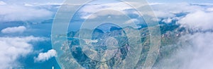 Aerial view of countryside landscape in a foggy day. Sai Kung, Hong Kong