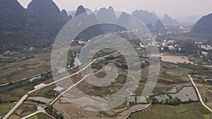 Aerial view of the countryside in Yangshuo in Guanxi province, China