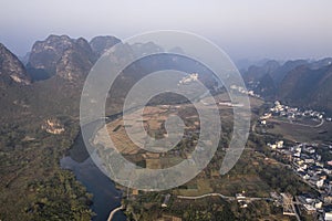 Aerial view of the countryside in Yangshuo in Guanxi province, China at sunrise