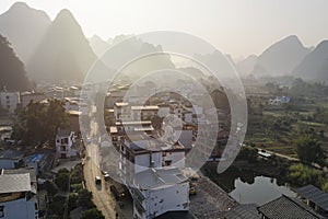 Aerial view of the countryside in Yangshuo in Guanxi province, China at sunrise