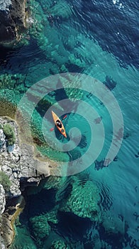 Aerial view of couple of adrenaline junkies in extreme white-water kayaking. Adventure challenge.