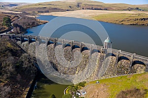 Aerial view of Craig goch elan valley on a bright sunny day in march 2020 winter