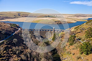 Aerial view of Craig goch elan valley on a bright sunny day in march 2020 winter