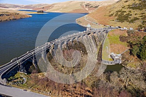 Aerial view of Craig goch elan valley on a bright sunny day in march 2020 winter