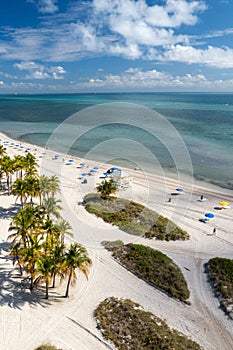 Aerial view of Crandon Park Beach in Key Biscayne on a sunny day in Miami, Florida